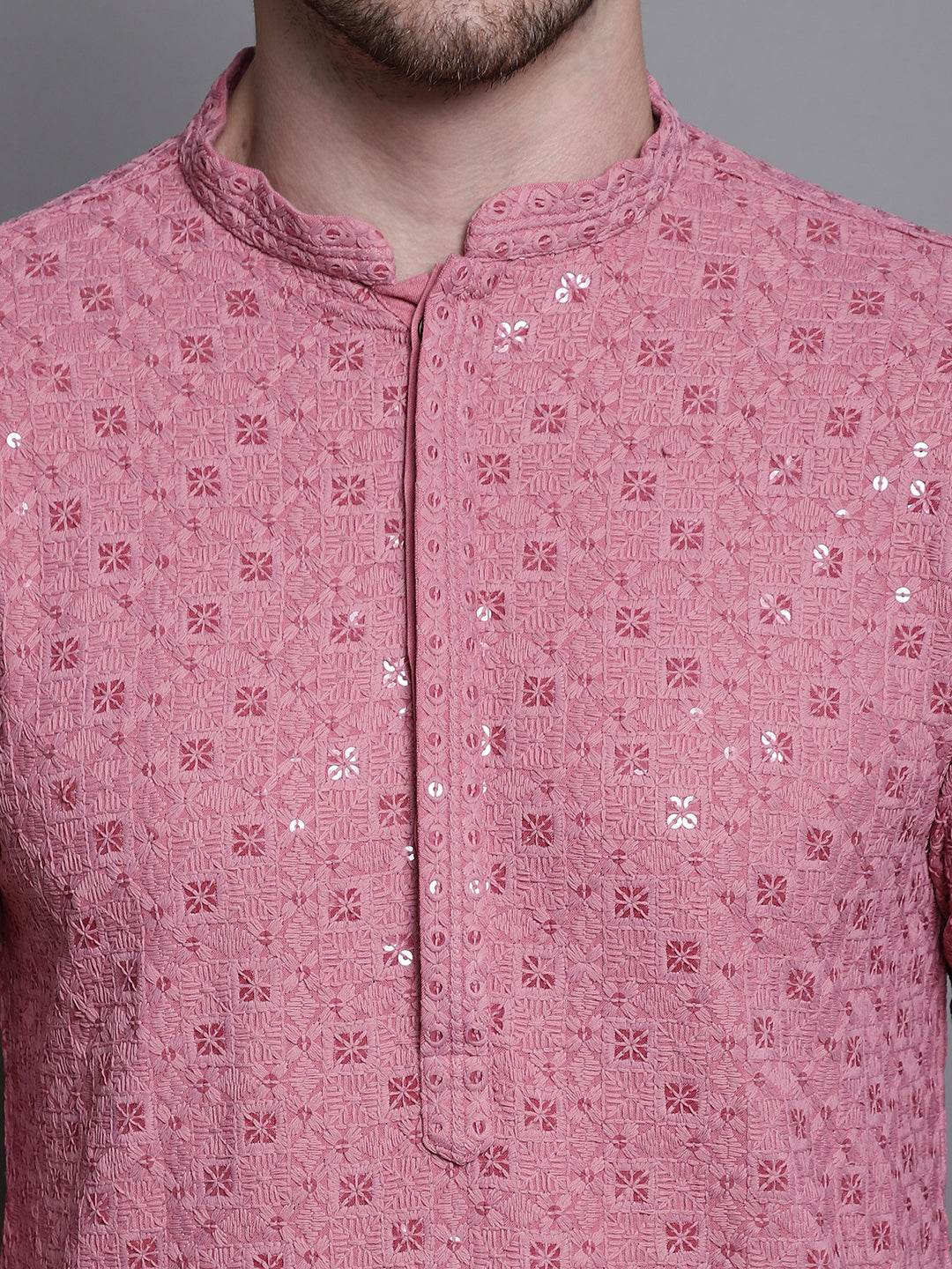 Jompers Men's Sequin Embroidered Pure Cotton Kurta with Pyjamas - Coral