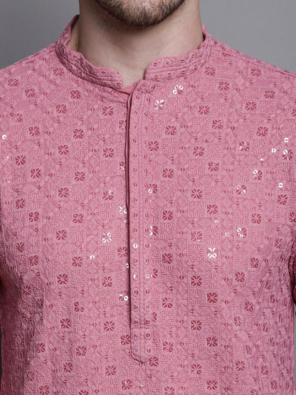 Jompers Men's Sequin Embroidered Pure Cotton Kurta with Pyjamas - Coral