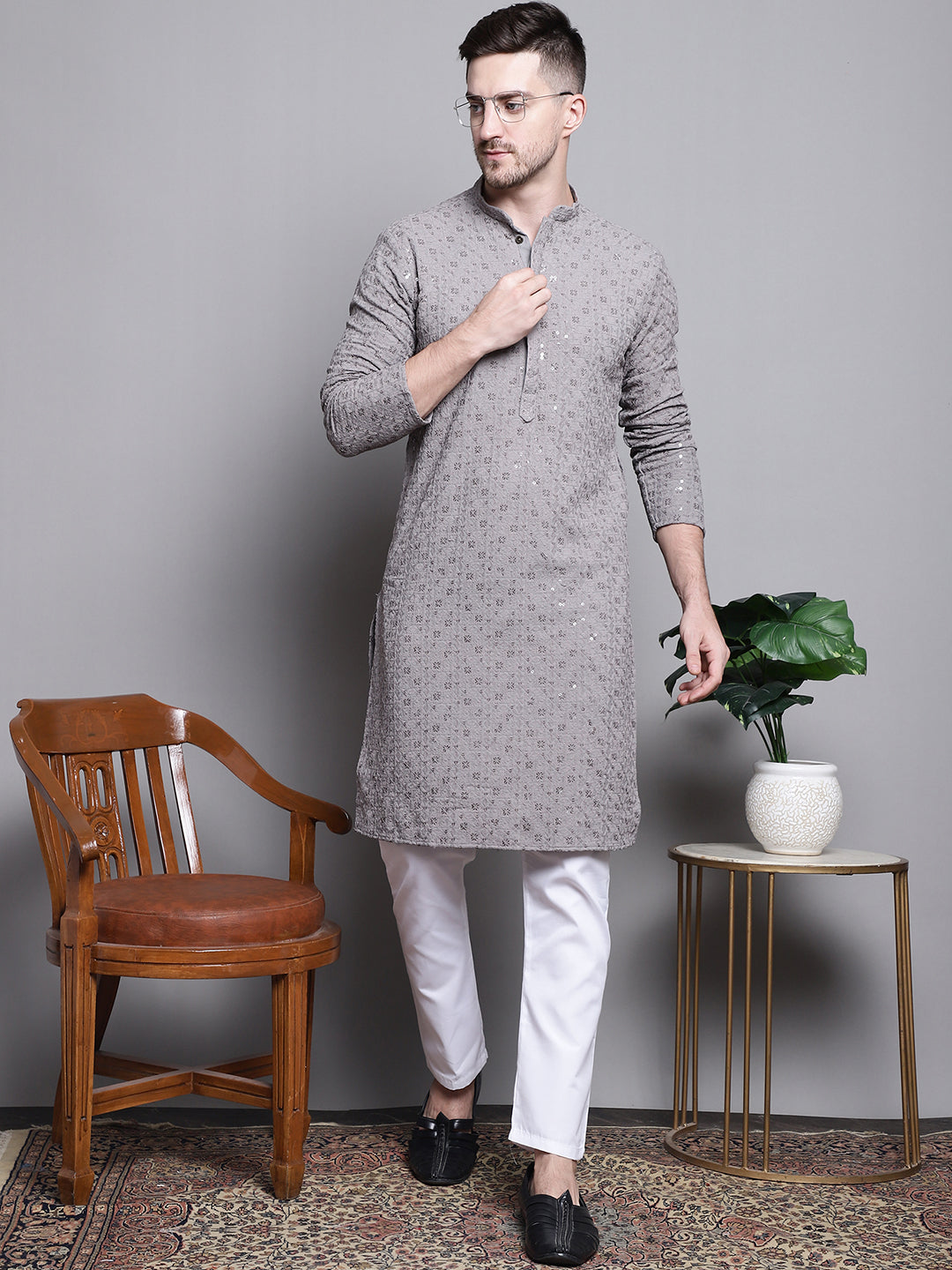 Jompers Men's Sequin Embroidered Pure Cotton Kurta with Pyjamas - Grey