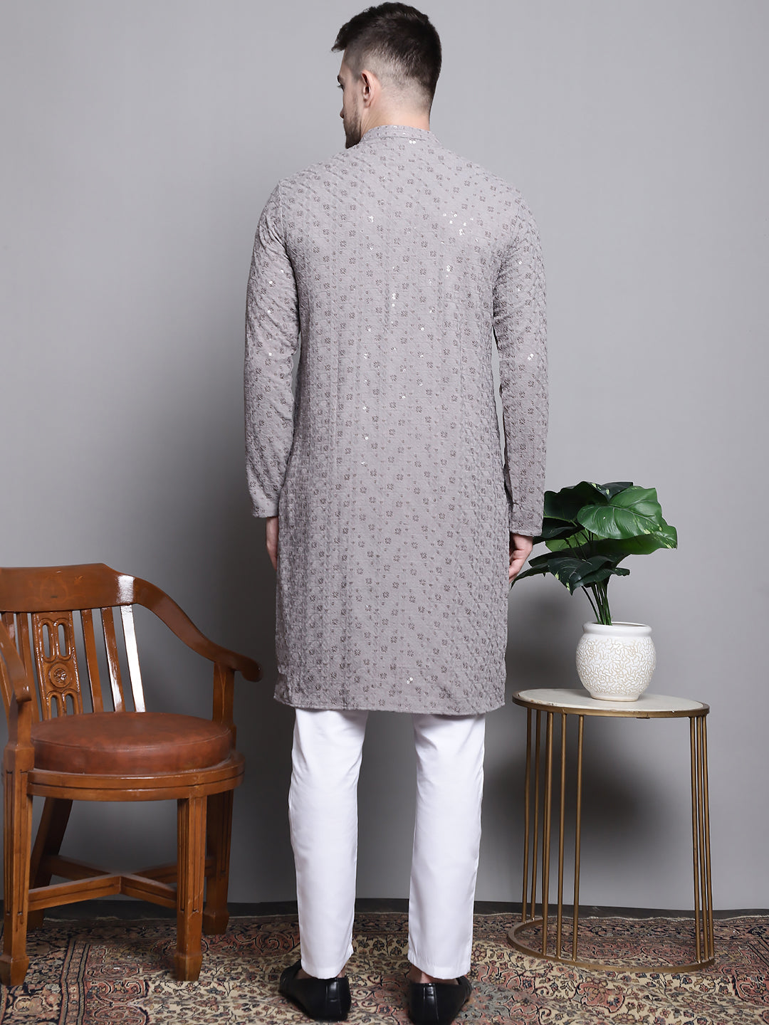 Jompers Men's Sequin Embroidered Pure Cotton Kurta with Pyjamas - Grey