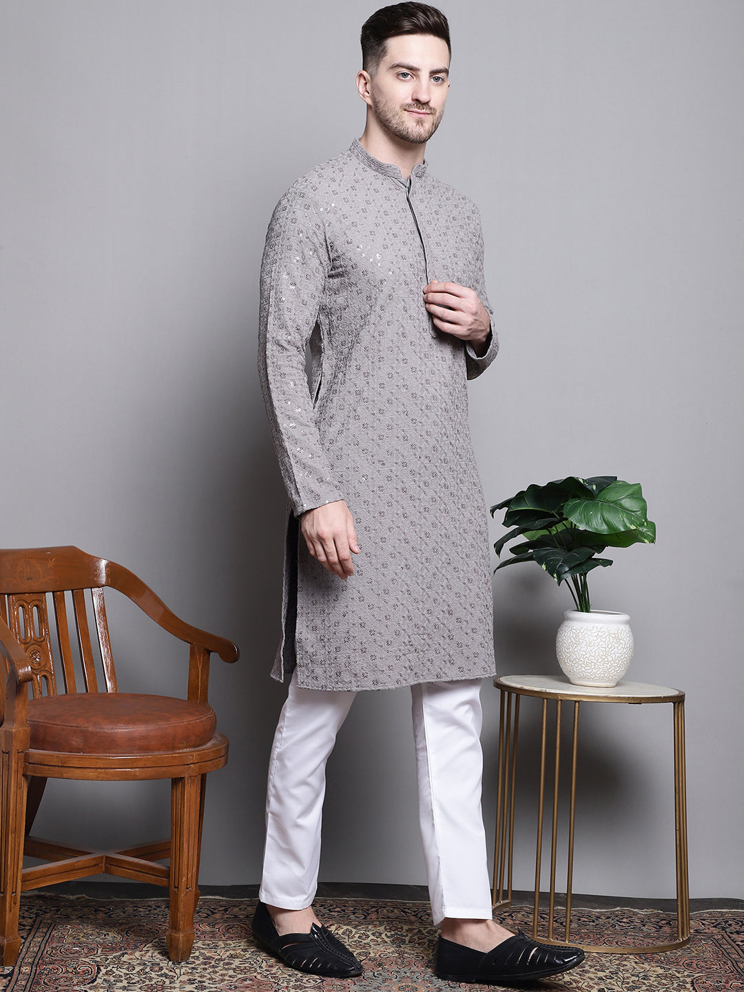 Jompers Men's Sequin Embroidered Pure Cotton Kurta with Pyjamas - Grey