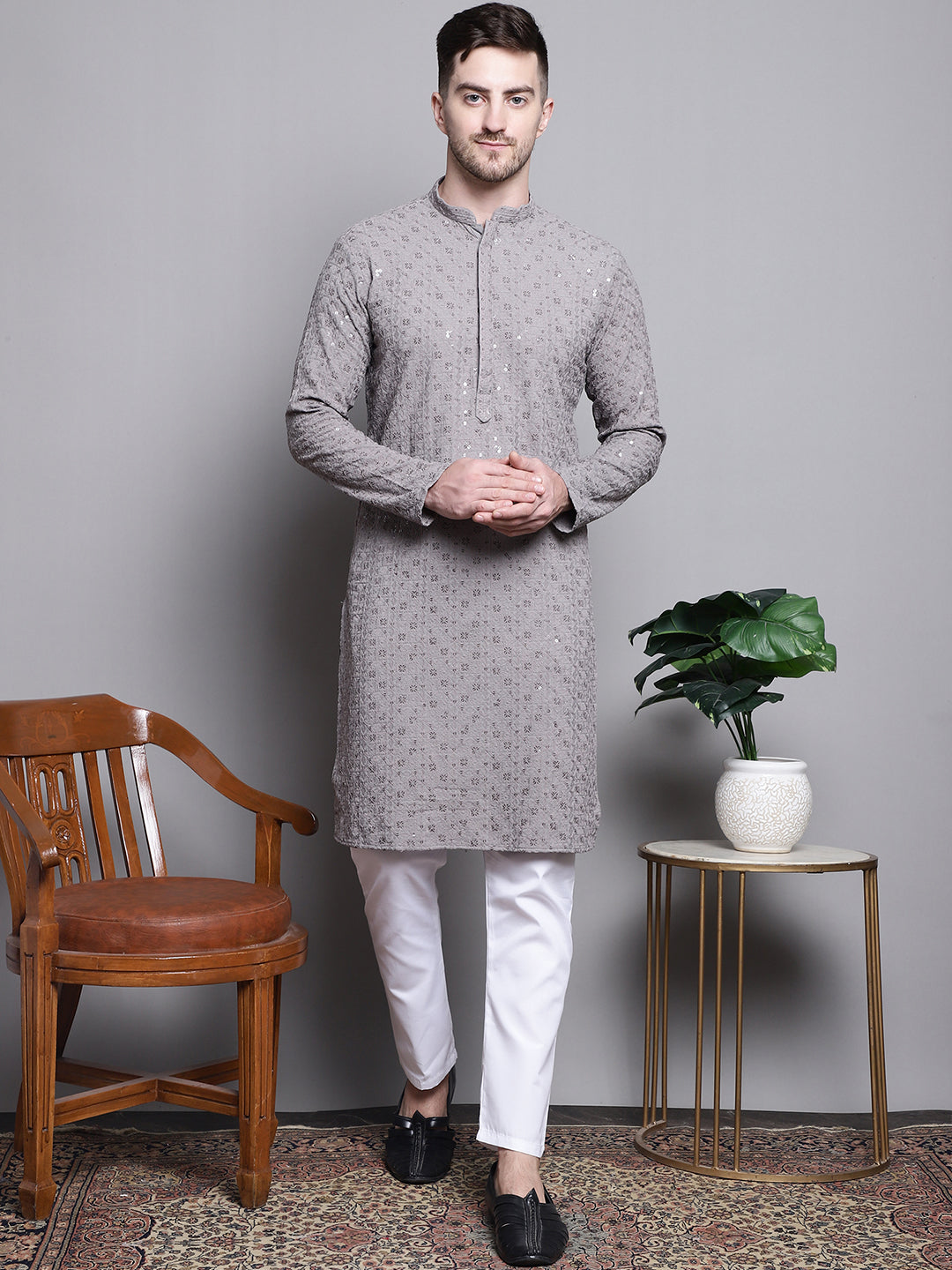 Jompers Men's Sequin Embroidered Pure Cotton Kurta with Pyjamas - Grey