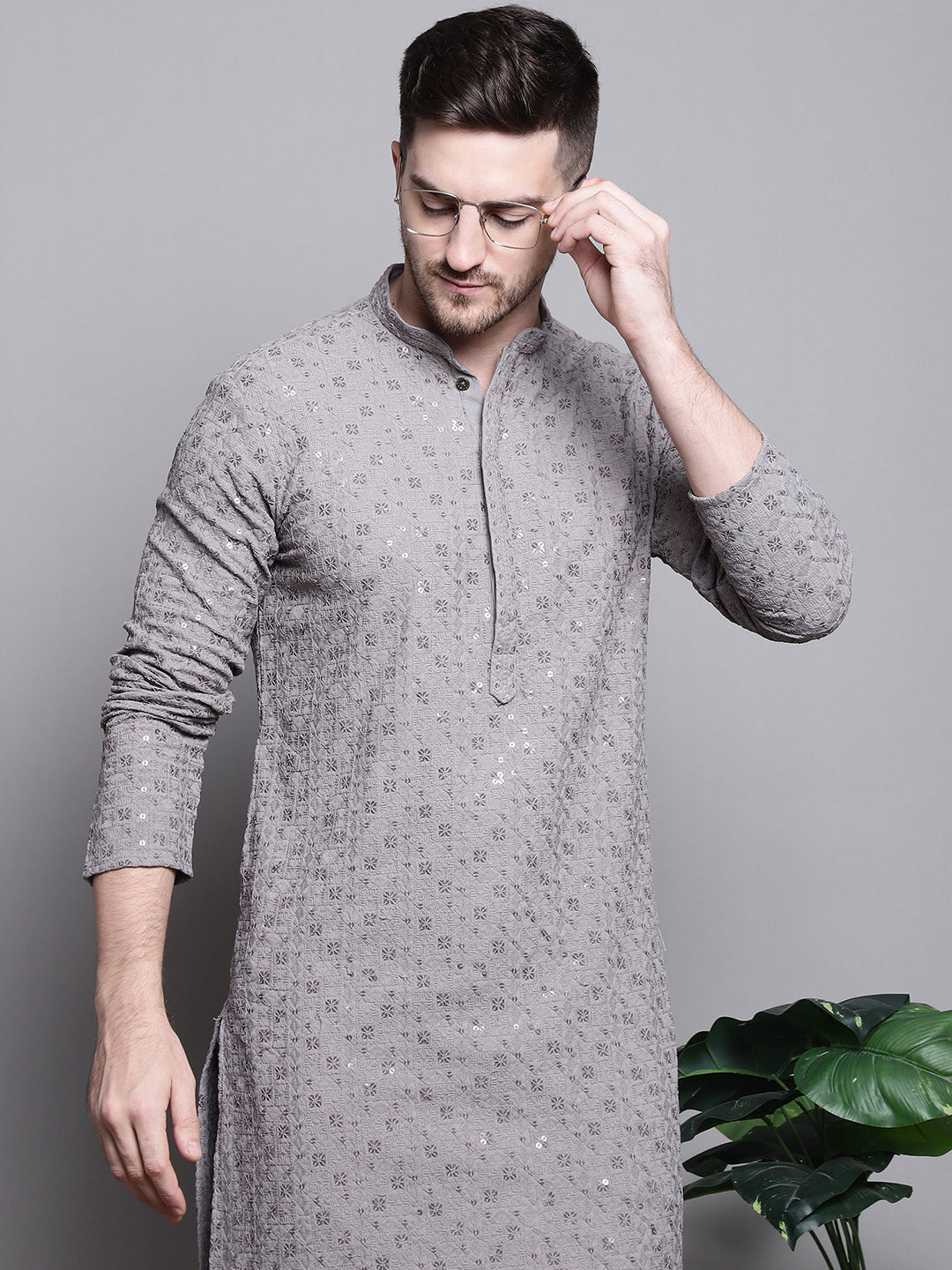 Jompers Men's Sequin Embroidered Pure Cotton Kurta with Pyjamas - Grey
