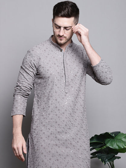 Jompers Men's Sequin Embroidered Pure Cotton Kurta with Pyjamas - Grey