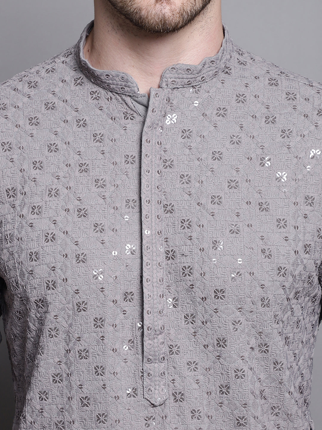 Jompers Men's Sequin Embroidered Pure Cotton Kurta with Pyjamas - Grey