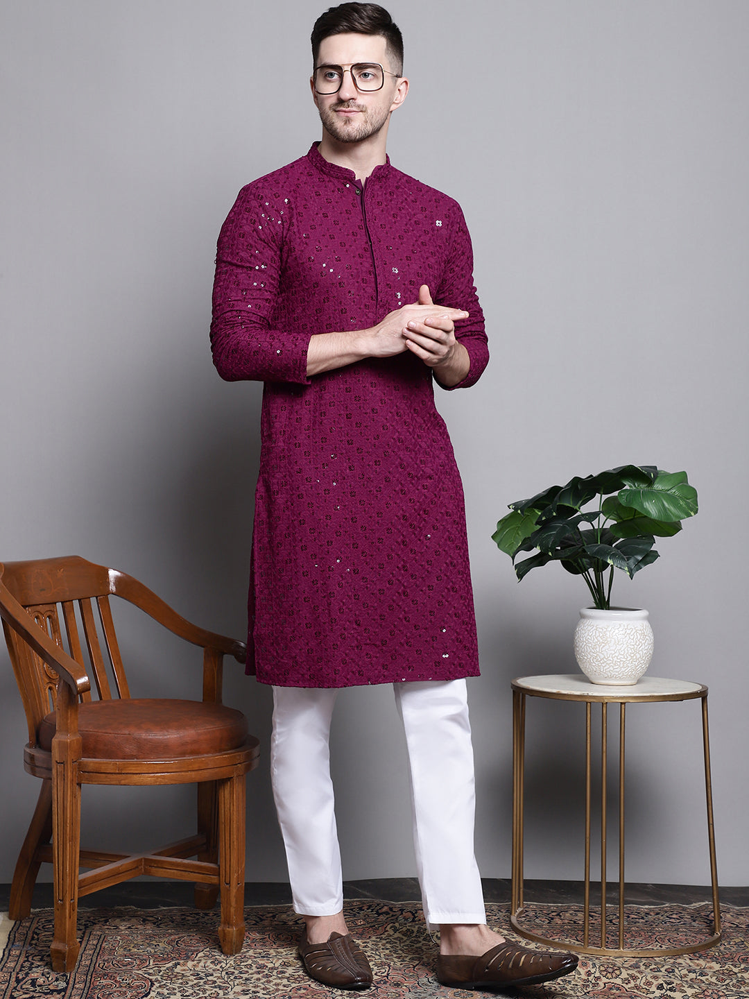 Jompers Men's Sequin Embroidered Pure Cotton Kurta with Pyjamas - Purple