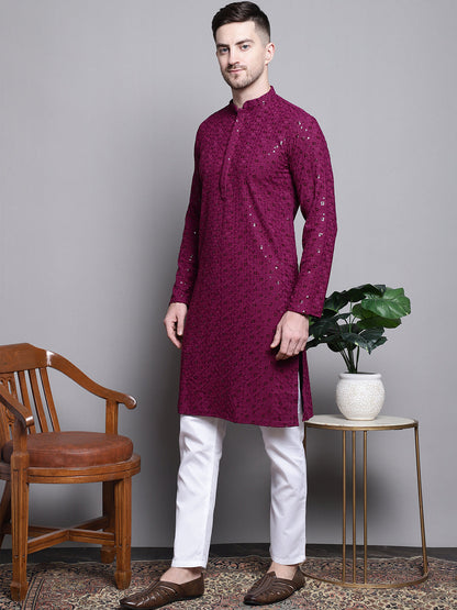 Jompers Men's Sequin Embroidered Pure Cotton Kurta with Pyjamas - Purple