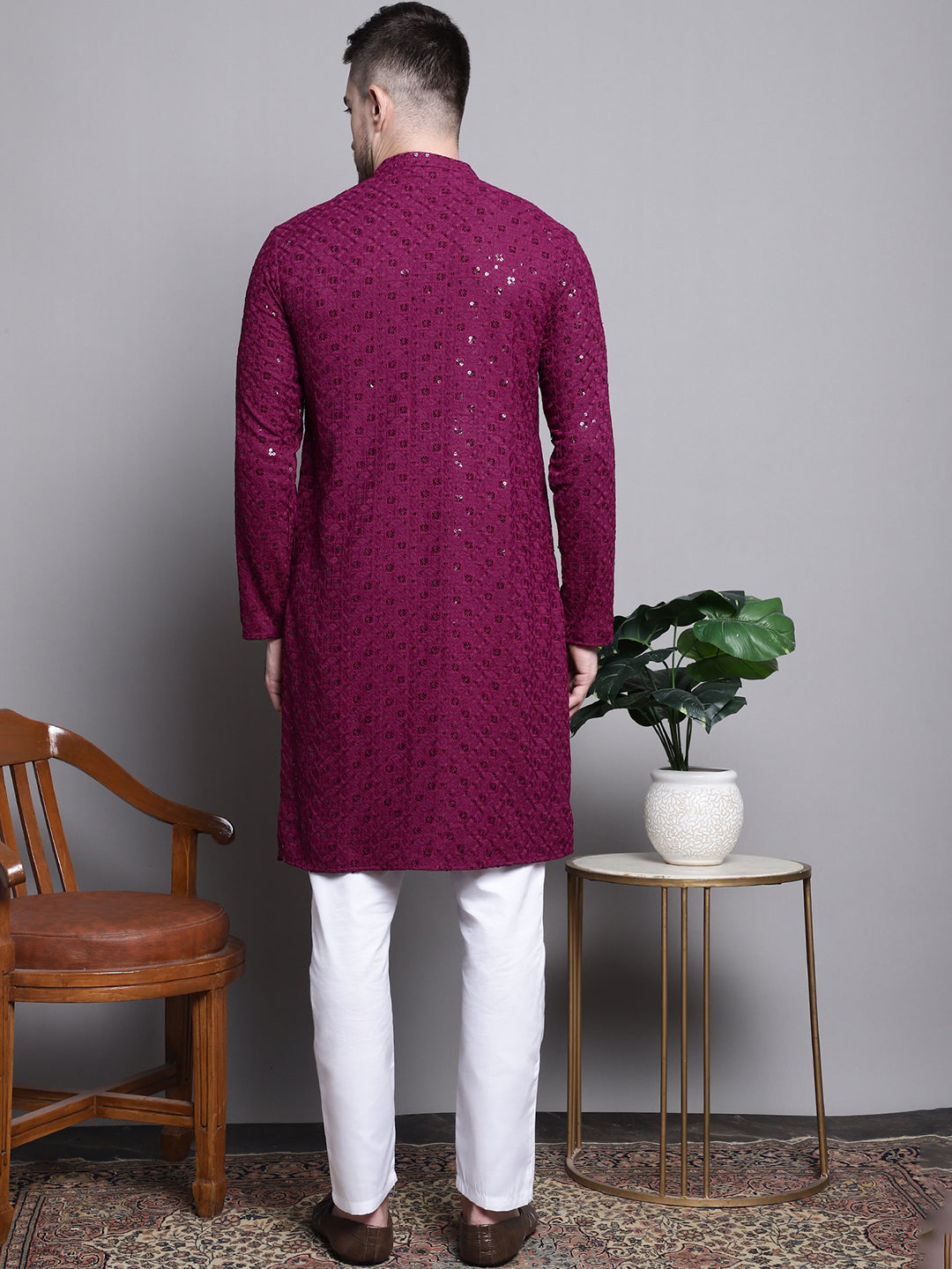 Jompers Men's Sequin Embroidered Pure Cotton Kurta with Pyjamas - Purple