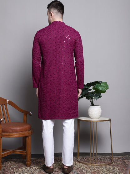 Jompers Men's Sequin Embroidered Pure Cotton Kurta with Pyjamas - Purple