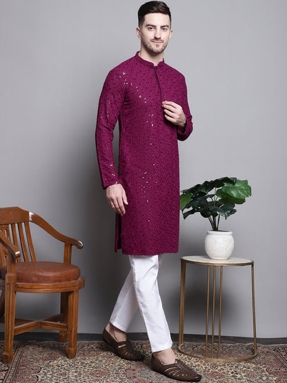Jompers Men's Sequin Embroidered Pure Cotton Kurta with Pyjamas - Purple