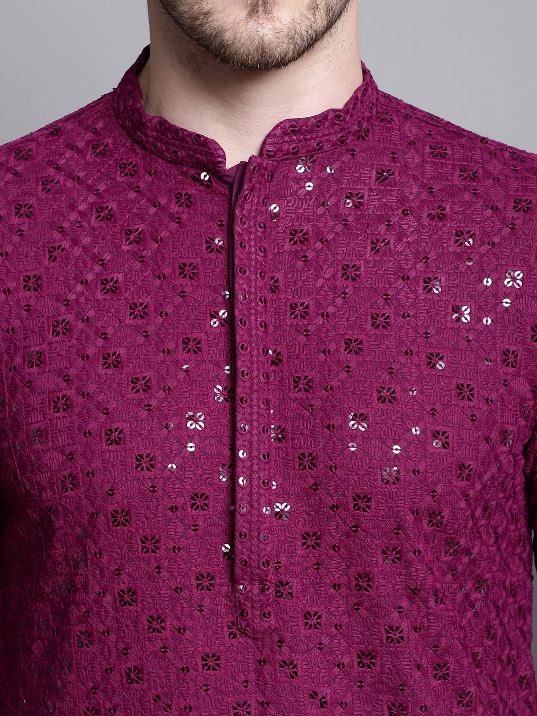 Jompers Men's Sequin Embroidered Pure Cotton Kurta with Pyjamas - Purple