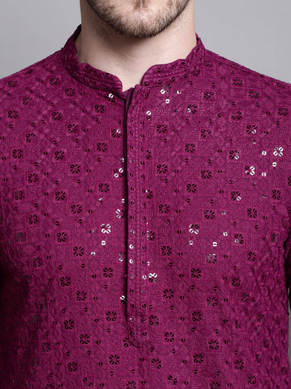 Jompers Men's Sequin Embroidered Pure Cotton Kurta with Pyjamas - Purple