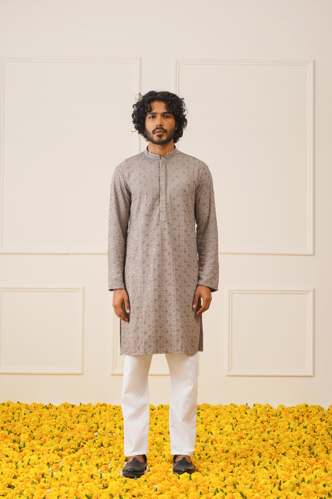 Jompers Men's Sequin Embroidered Pure Cotton Kurta - Grey