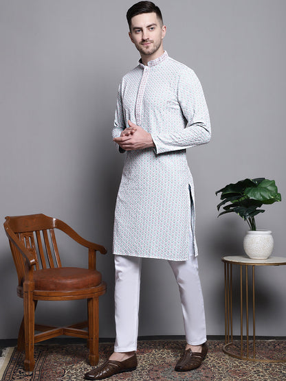 Jompers Men's Sequin Embroidered Pure Cotton Kurta with Pyjamas - Blue