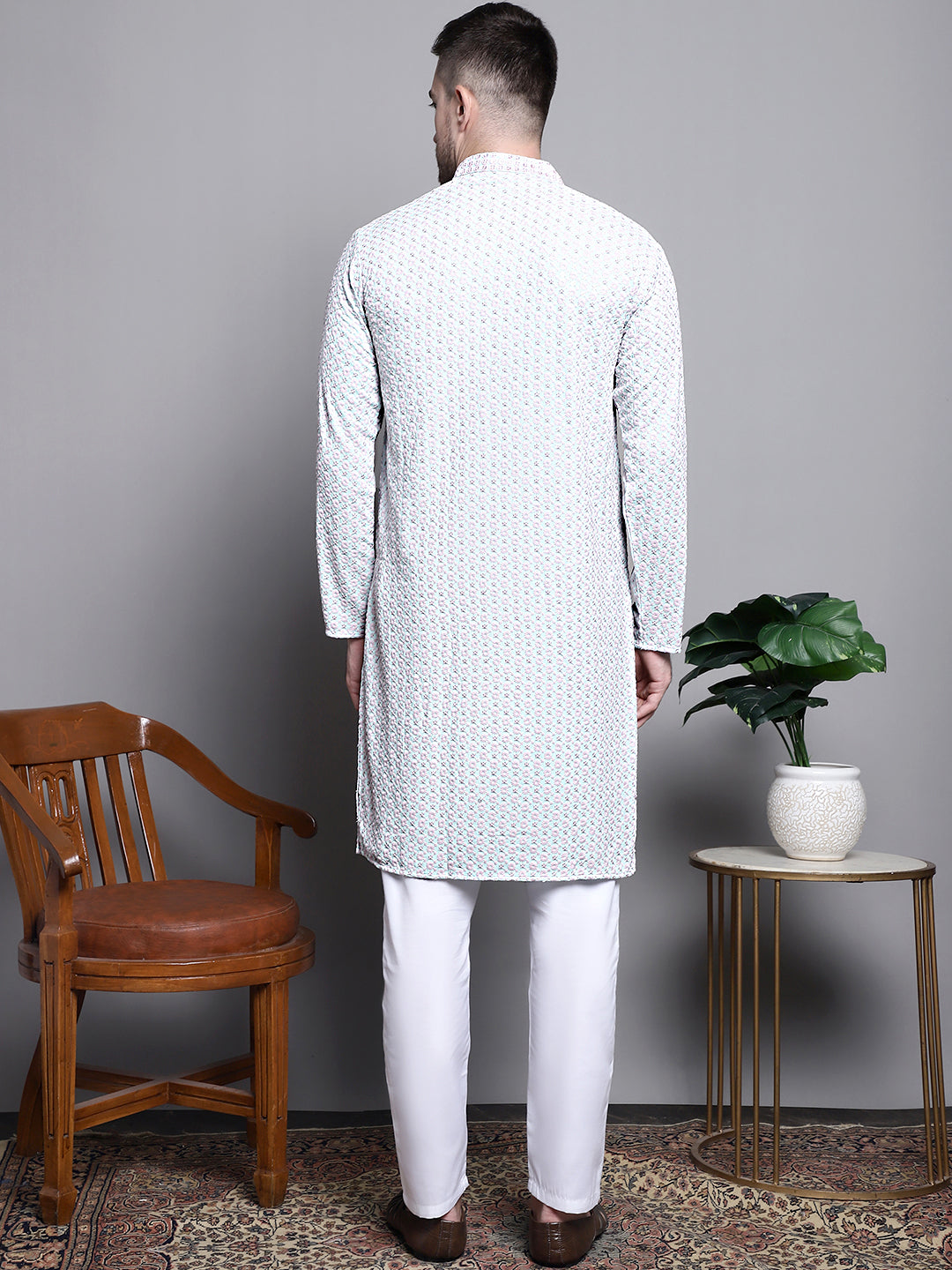 Jompers Men's Sequin Embroidered Pure Cotton Kurta with Pyjamas - Blue