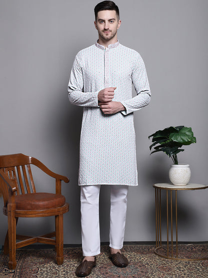 Jompers Men's Sequin Embroidered Pure Cotton Kurta with Pyjamas - Blue