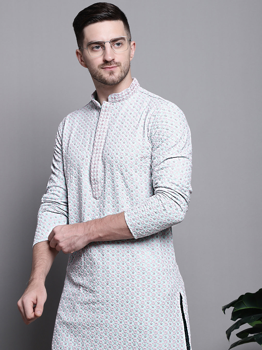 Jompers Men's Sequin Embroidered Pure Cotton Kurta with Pyjamas - Blue
