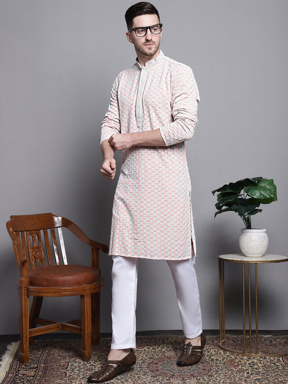 Jompers Men's Sequin Embroidered Pure Cotton Kurta with Pyjamas - Peach