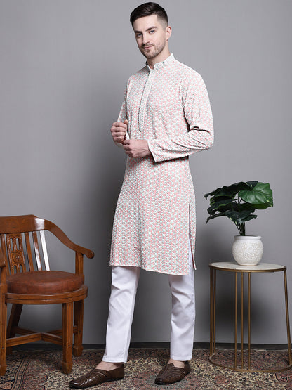 Jompers Men's Sequin Embroidered Pure Cotton Kurta with Pyjamas - Peach