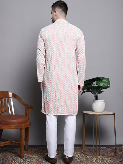 Jompers Men's Sequin Embroidered Pure Cotton Kurta with Pyjamas - Peach
