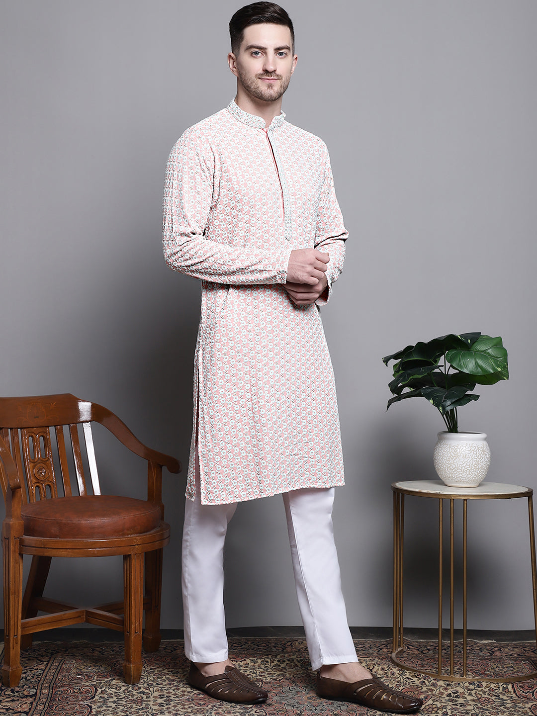 Jompers Men's Sequin Embroidered Pure Cotton Kurta with Pyjamas - Peach