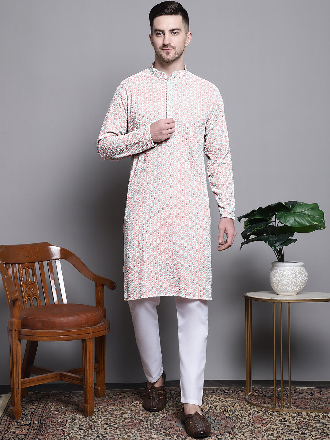 Jompers Men's Sequin Embroidered Pure Cotton Kurta with Pyjamas - Peach