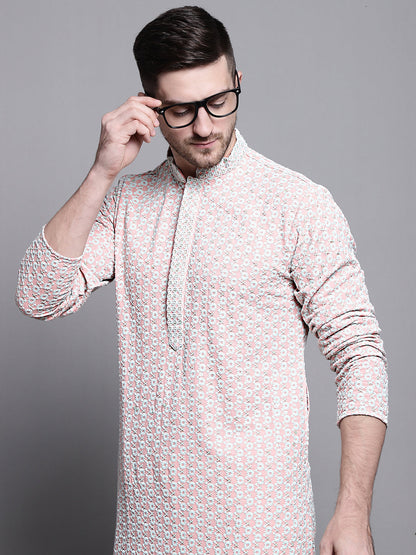Jompers Men's Sequin Embroidered Pure Cotton Kurta with Pyjamas - Peach