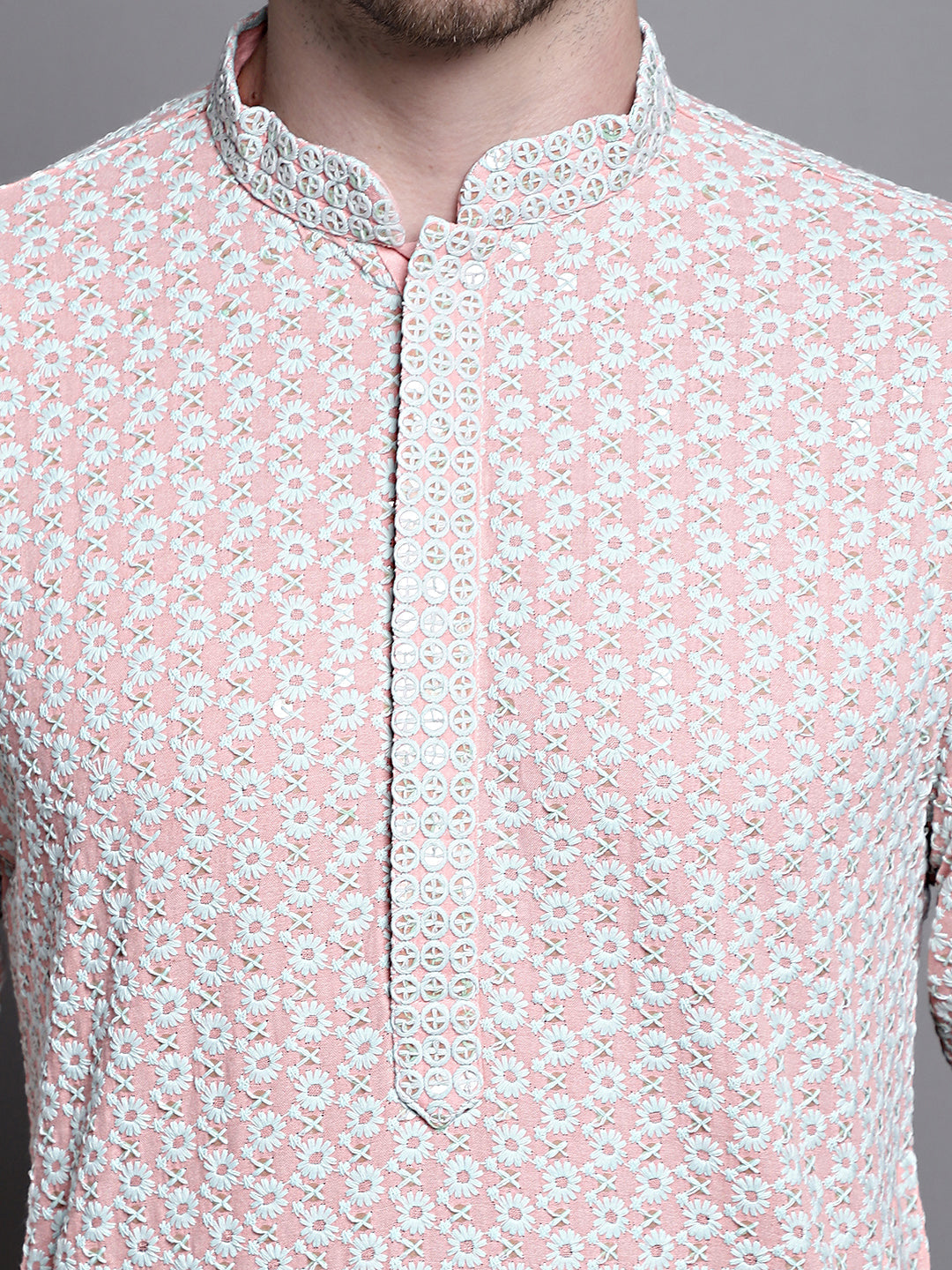 Jompers Men's Sequin Embroidered Pure Cotton Kurta with Pyjamas - Peach