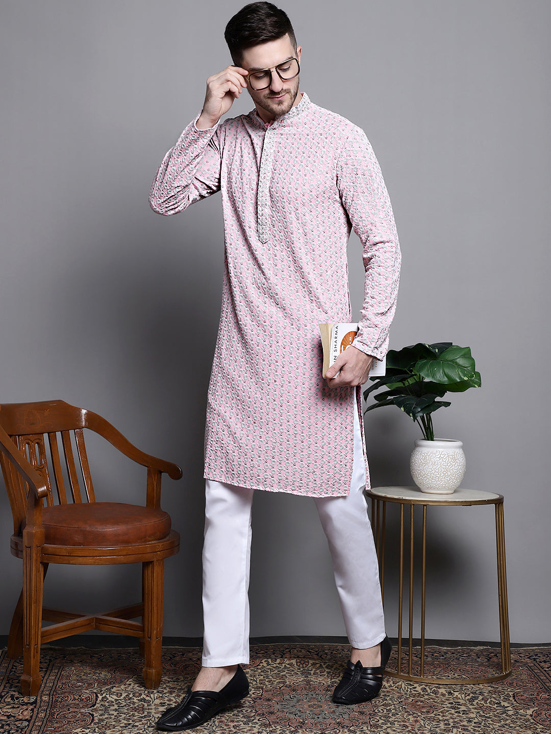 Jompers Men's Sequin Embroidered Pure Cotton Kurta with Pyjamas - Pink