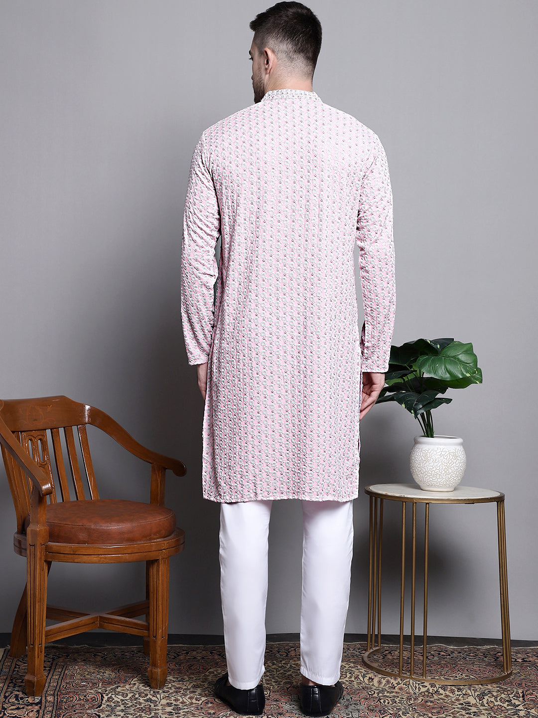 Jompers Men's Sequin Embroidered Pure Cotton Kurta with Pyjamas - Pink