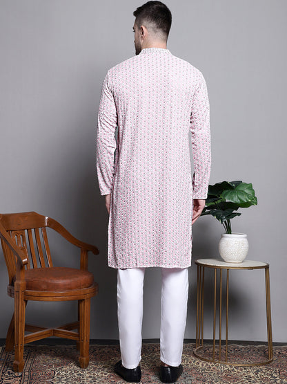 Jompers Men's Sequin Embroidered Pure Cotton Kurta with Pyjamas - Pink