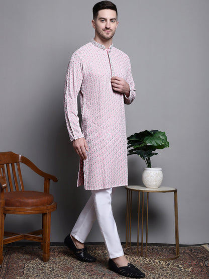 Jompers Men's Sequin Embroidered Pure Cotton Kurta with Pyjamas - Pink