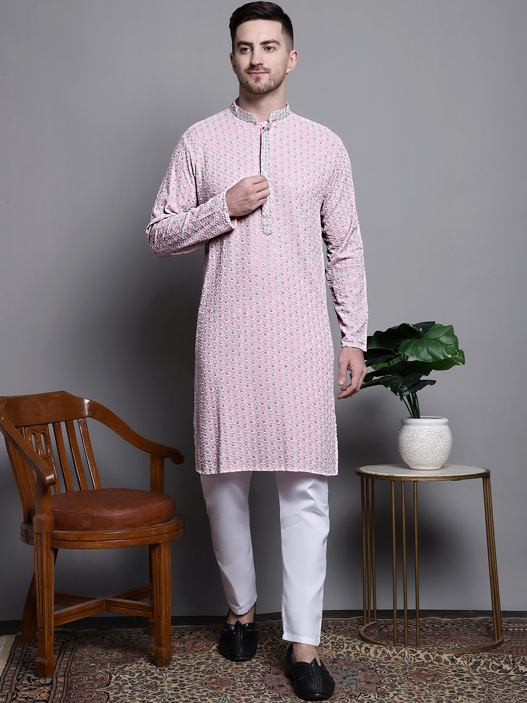 Jompers Men's Sequin Embroidered Pure Cotton Kurta with Pyjamas - Pink