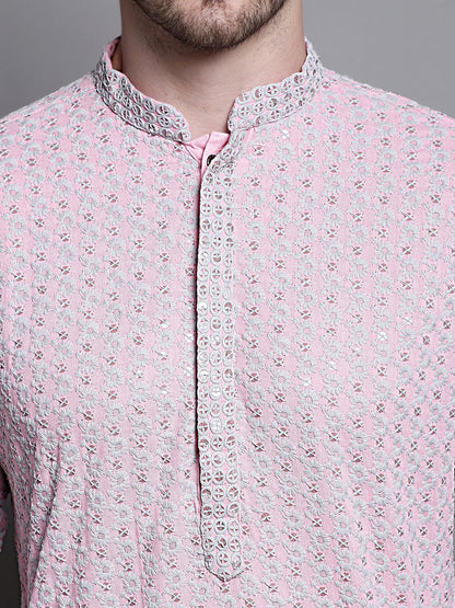 Jompers Men's Sequin Embroidered Pure Cotton Kurta with Pyjamas - Pink