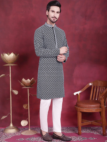 Jompers Men's Sequins Embroidered Kurta with Pyjama - Grey