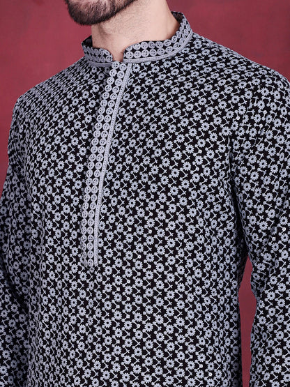 Jompers Men's Sequins Embroidered Kurta with Pyjama - Grey
