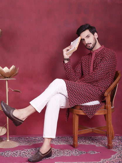 Jompers Men's Sequins Embroidered Kurta with Pyjama - Magenta