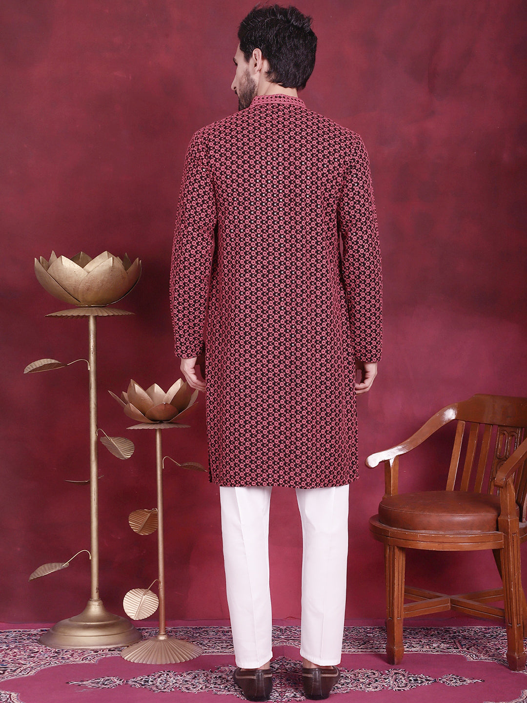 Jompers Men's Sequins Embroidered Kurta with Pyjama - Magenta