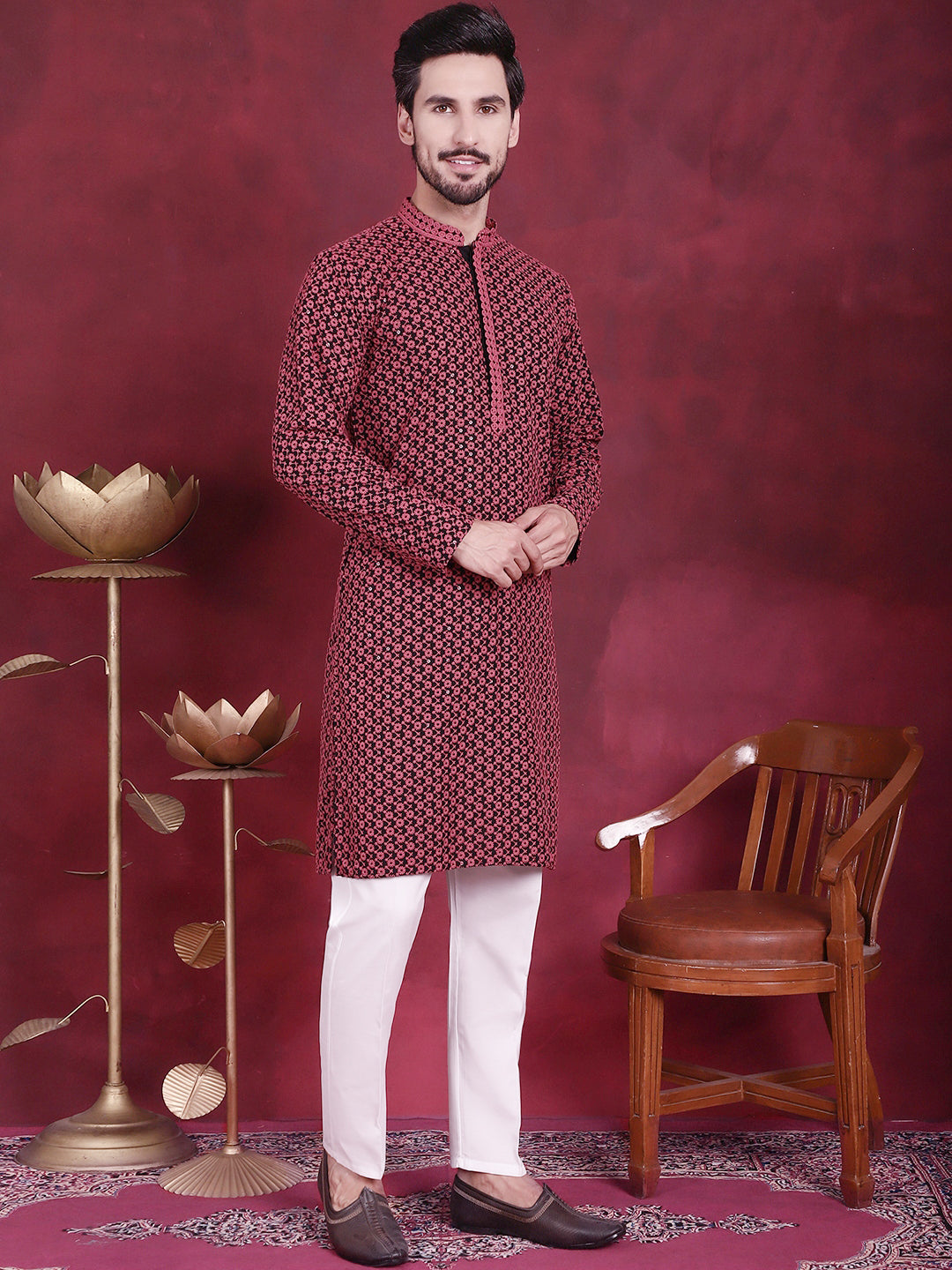 Jompers Men's Sequins Embroidered Kurta with Pyjama - Magenta