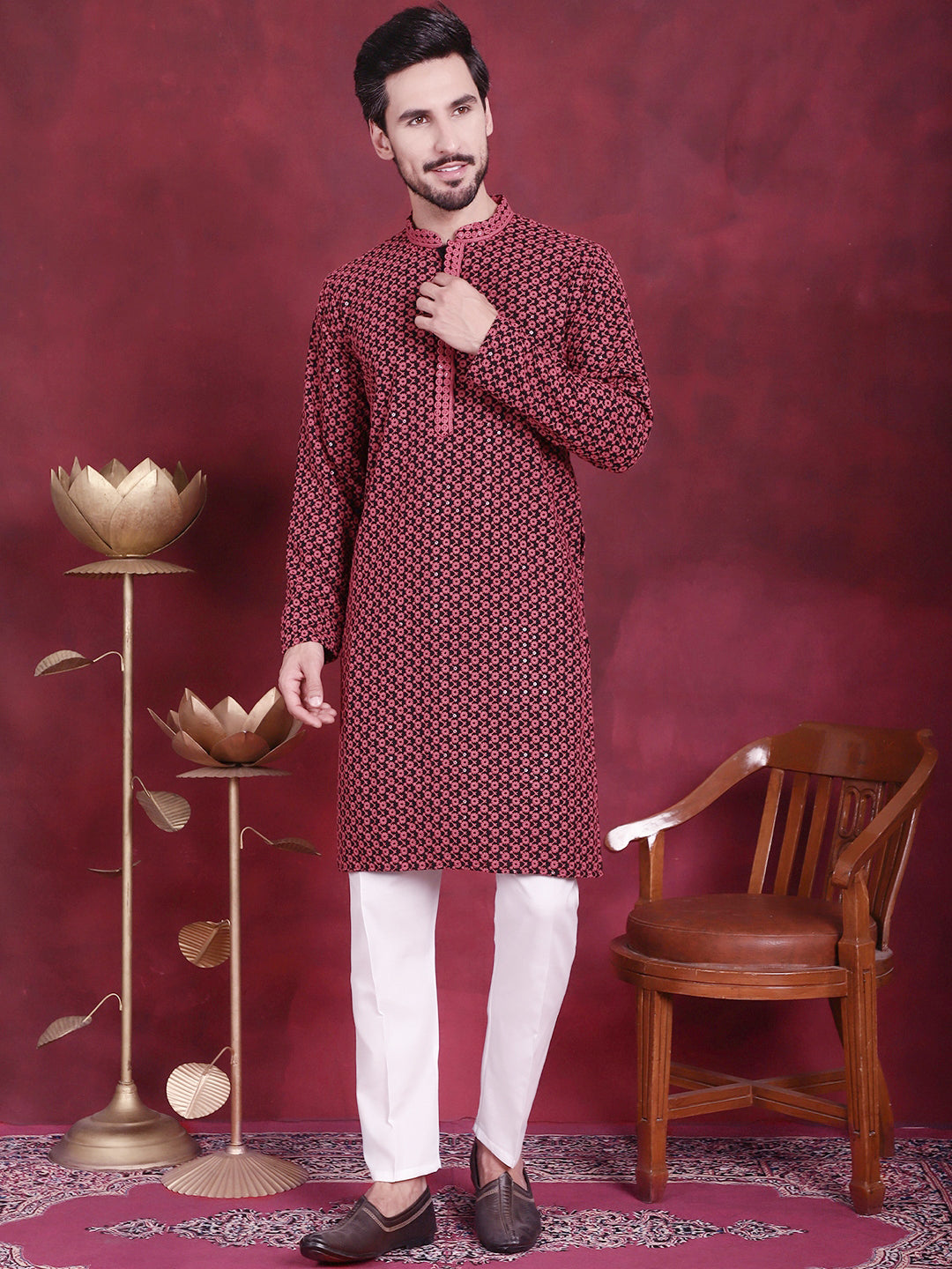 Jompers Men's Sequins Embroidered Kurta with Pyjama - Magenta