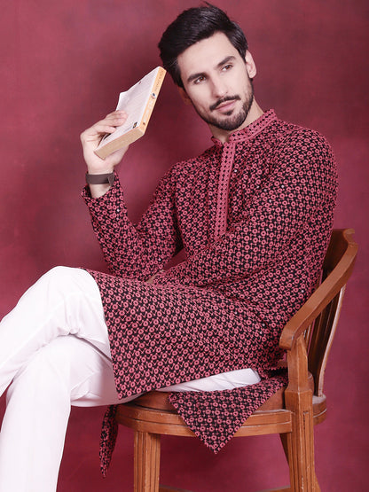 Jompers Men's Sequins Embroidered Kurta with Pyjama - Magenta