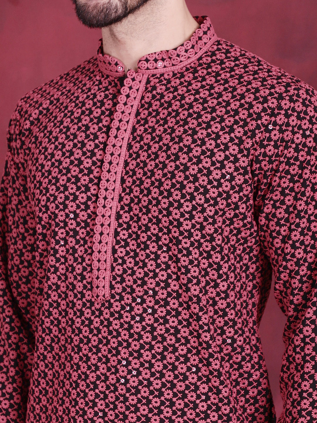 Jompers Men's Sequins Embroidered Kurta with Pyjama - Magenta