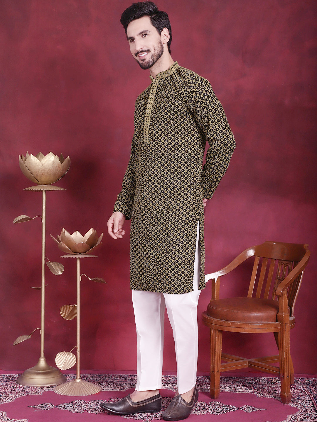 Jompers Men's Sequins Embroidered Kurta with Pyjama - Mehndi