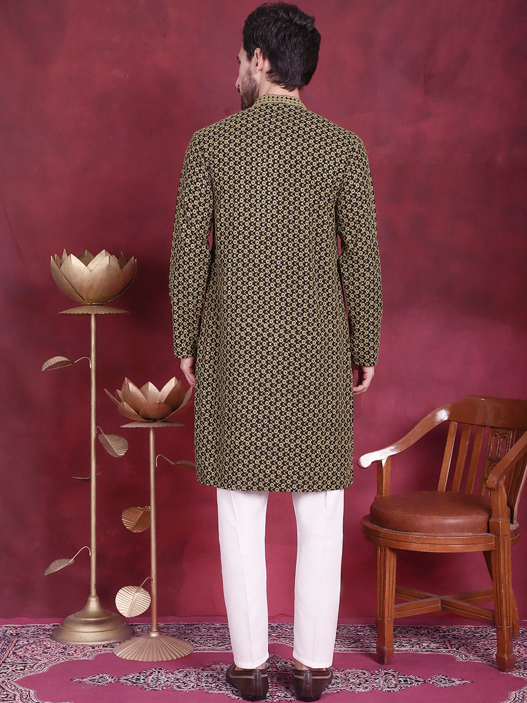 Jompers Men's Sequins Embroidered Kurta with Pyjama - Mehndi