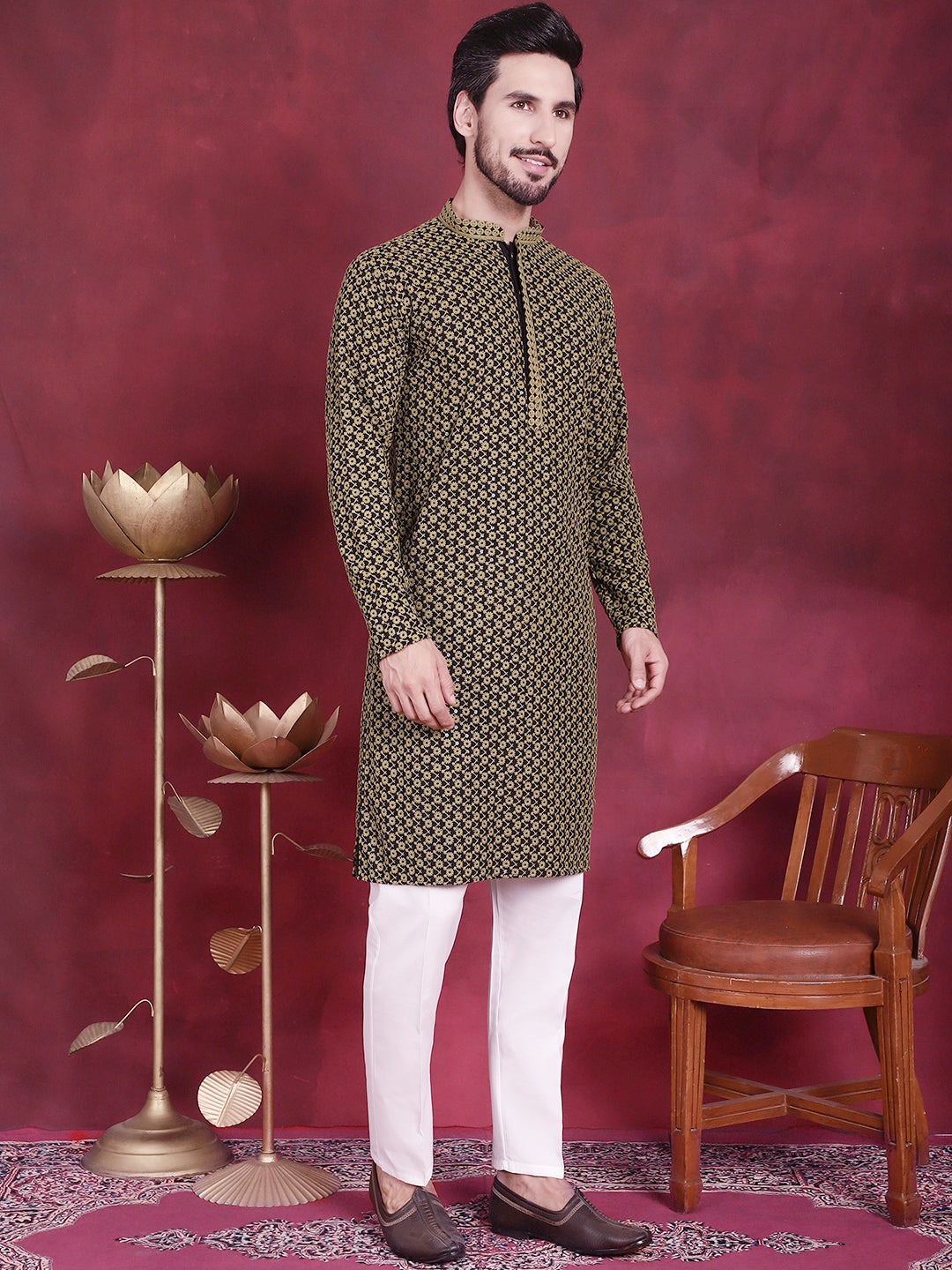 Jompers Men's Sequins Embroidered Kurta with Pyjama - Mehndi