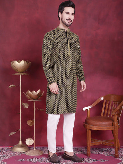 Jompers Men's Sequins Embroidered Kurta with Pyjama - Mehndi