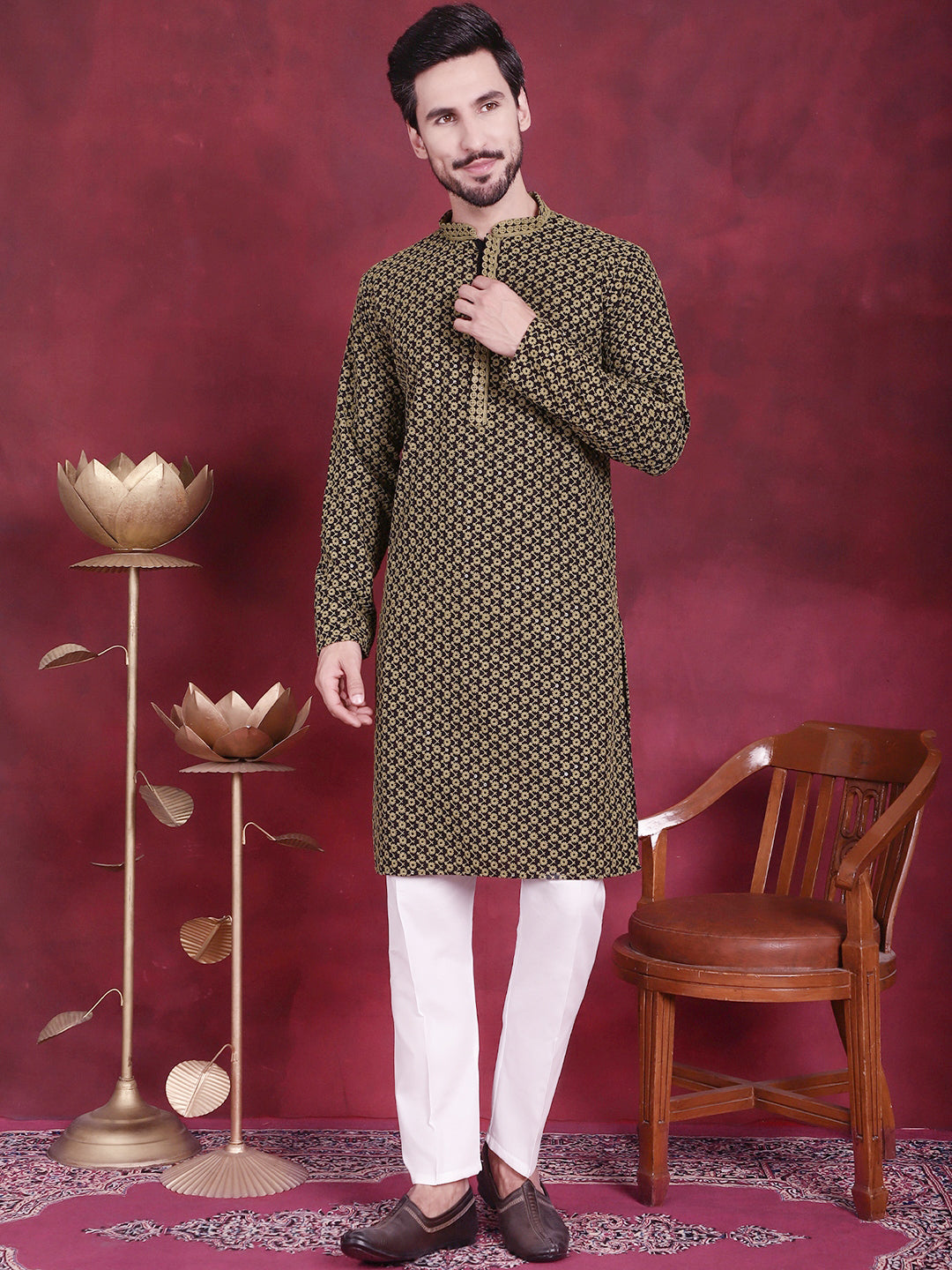 Jompers Men's Sequins Embroidered Kurta with Pyjama - Mehndi