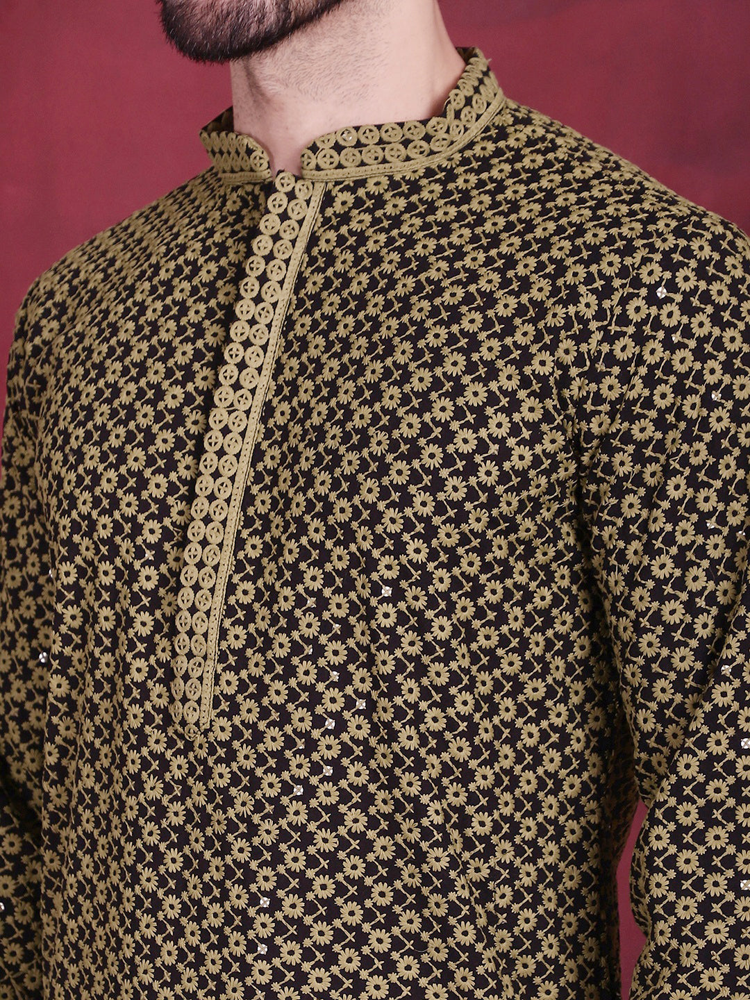 Jompers Men's Sequins Embroidered Kurta with Pyjama - Mehndi