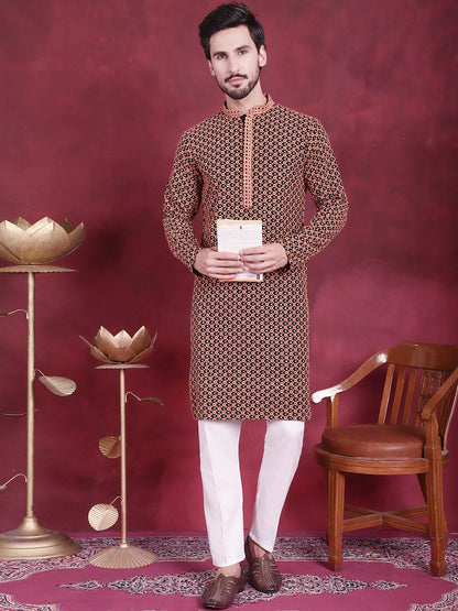Jompers Men's Sequins Embroidered Kurta with Pyjama - Orange