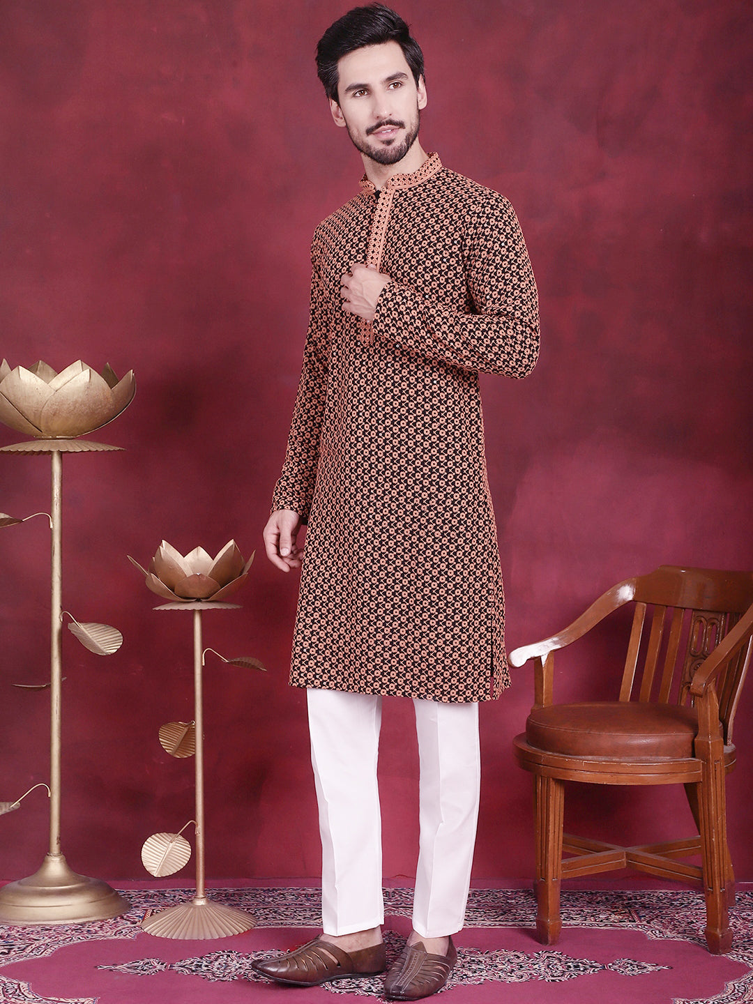 Jompers Men's Sequins Embroidered Kurta with Pyjama - Orange